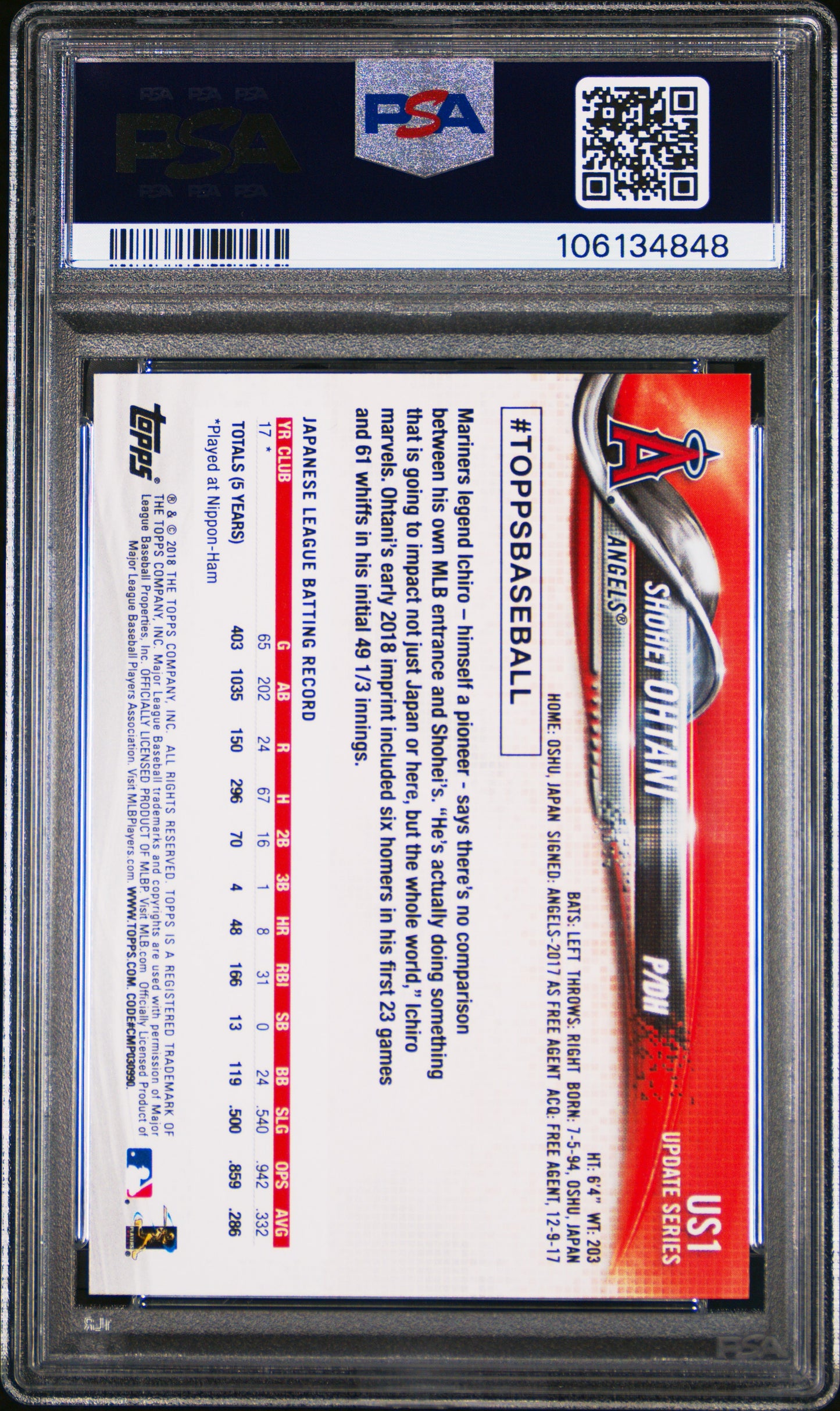 2018 Topps Update Shohei Ohtani Pitching Rookie PSA 9