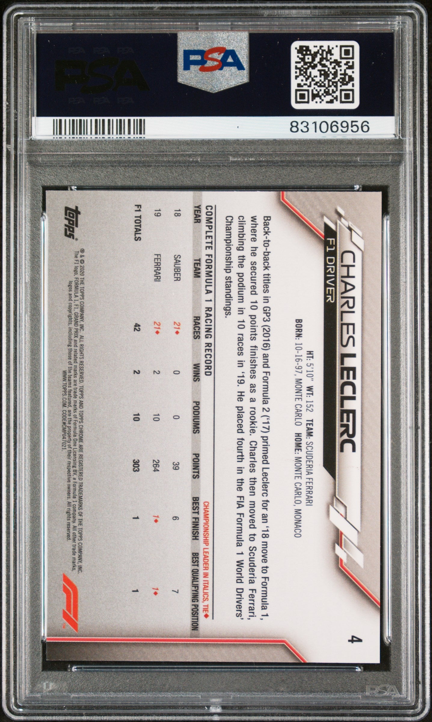 2020 Topps Sapphhire F1 Charles Leclerc PSA 9