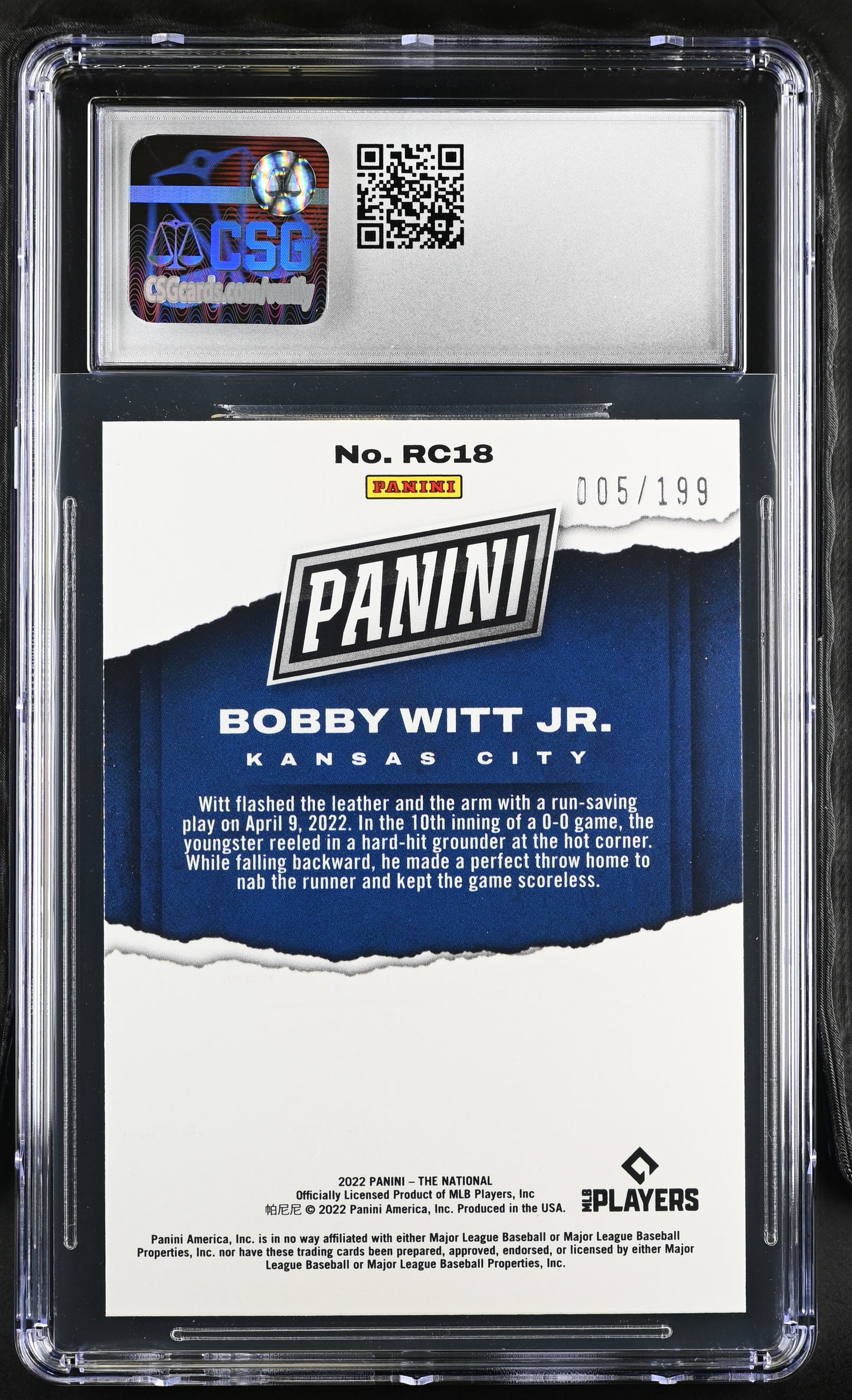 2022 Panini The National Bobby Witt Jr #RC18 Orange RC Rookie Card /199 CSG 10